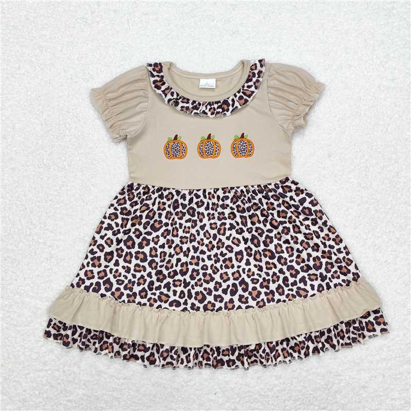 7.9 RTS NO MOQ Summer Baby Girls Dresses GSD1347 Pumpkin Leopard Ruffle Knee Length Dresses
