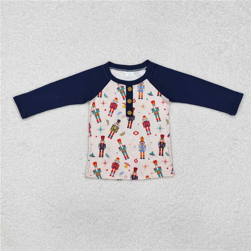 RTS NO MOQ Baby Boys Long Sleeve BT0915 Christmas Navy Soldier Raglan Tops