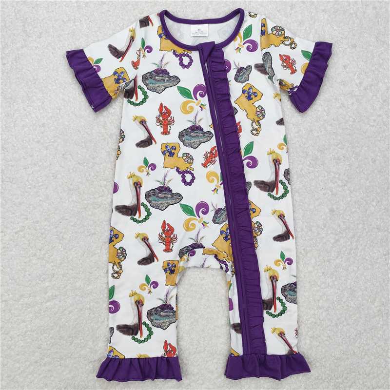 RTS NO MOQ Baby Girls Summer Bodysuit SR2422 Mardi Gras Bird Crawfish Purple Ruffle Zip Rompers