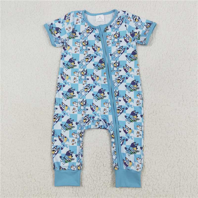 RTS NO MOQ Baby Boys Summer Bodysuit SR2454 Blue Checkered Dogs Short Sleeve Zip Rompers