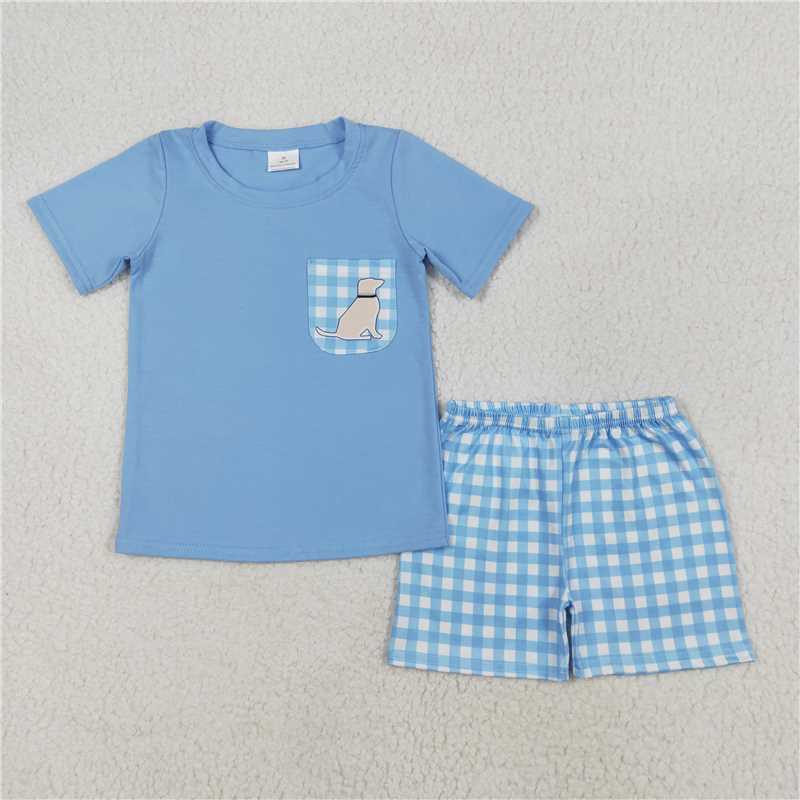 RTS NO MOQ Baby Boys kids Summer sets BSSO1190 Puppy Check Pocket Blue Short Sleeve Shorts Set