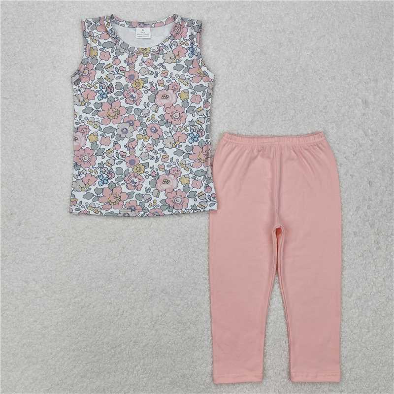 RTS NO MOQ Baby Girls Summer Kids Sets GSPO1919 Spring Pink Floral Sleeveless Top Leggings Clothing Sets