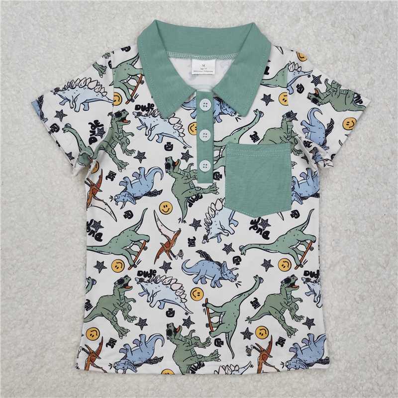 RTS NO MOQ Summer Baby Boys Shirt BT1133 Green Dinosaurs Pocket Buttons Shirts