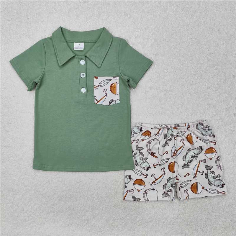 RTS NO MOQ Baby Boys kids Summer sets BSSO1216 Green short-sleeved shorts with fishing pockets