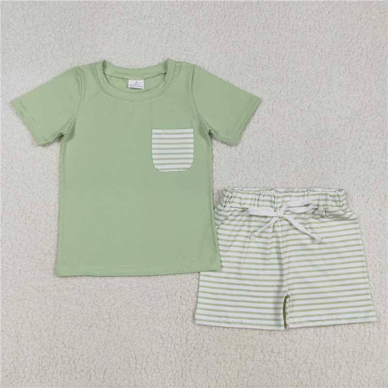 RTS NO MOQ Baby Boys kids Summer sets BSSO1103 Green Striped Pocket Short Sleeve Shorts Set
