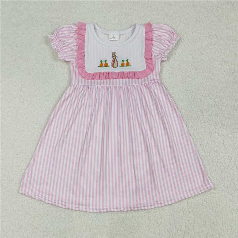 7.9 RTS NO MOQ Summer Baby Girls Dresses GSD1532 Pink Rabbit Carrots Embroidery Knee Length Dresses