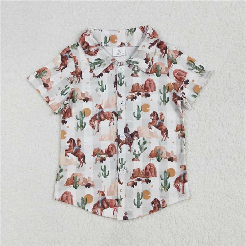 RTS NO MOQ Summer Baby Boys Shirt BT1155 Western Cow Cactus Buttons Tee Shirts Tops