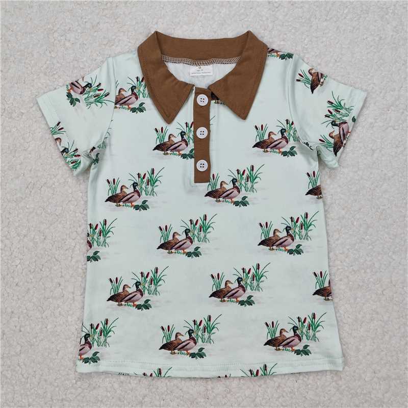 RTS NO MOQ Summer Baby Boys Shirt BT1174 Light Brown Collar Buttons Mallard Ducks Pullover Tops