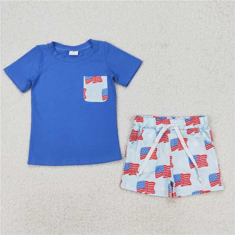 RTS NO MOQ Baby Boys kids Summer sets BSSO1258 Flag Star Pocket Blue Short Sleeve Shorts Set