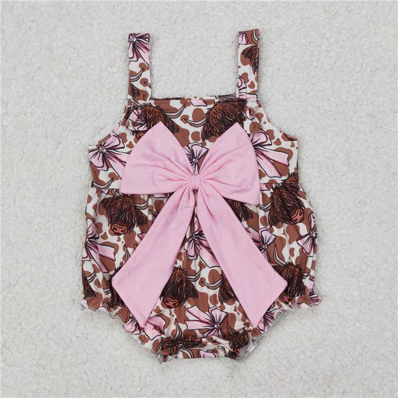 RTS NO MOQ Baby Girls Summer Bodysuit SR2697 Western Pink Bows Highland Cow Straps Rompers