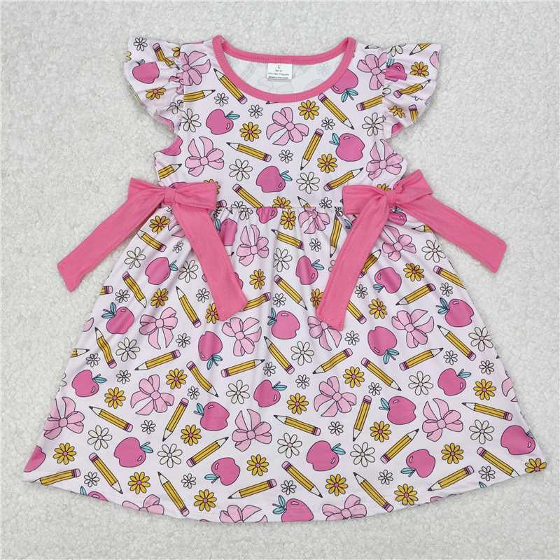 RTS NO MOQ Baby Girls Summer Skirt GSD1846 Back To School Pink Flutter Sleeves Pencil Apples Bows Knee Length Dresses
