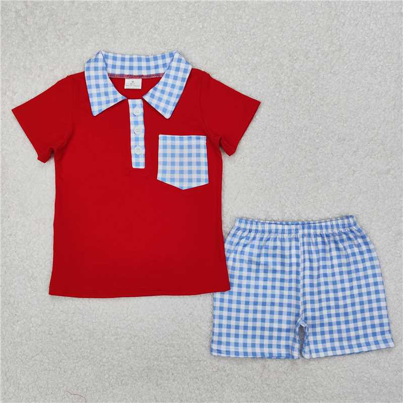 RTS NO MOQ Baby Boys kids Summer sets BSSO1152 Blue plaid pocket red short-sleeved shorts suit