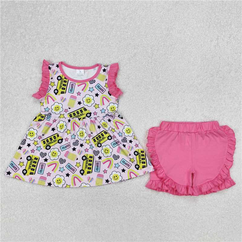 RTS NO MOQ Baby Girls Summer Sets GSSO1912 Bus Back To School Tunic Ruffle Shorts Clothes Sets