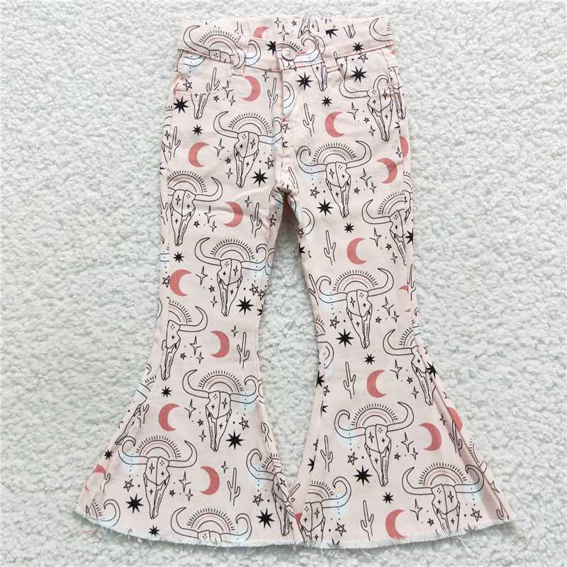 RTS NO MOQ Baby Girls Pants P0226 Western Pink Cow Denim Bell Pants