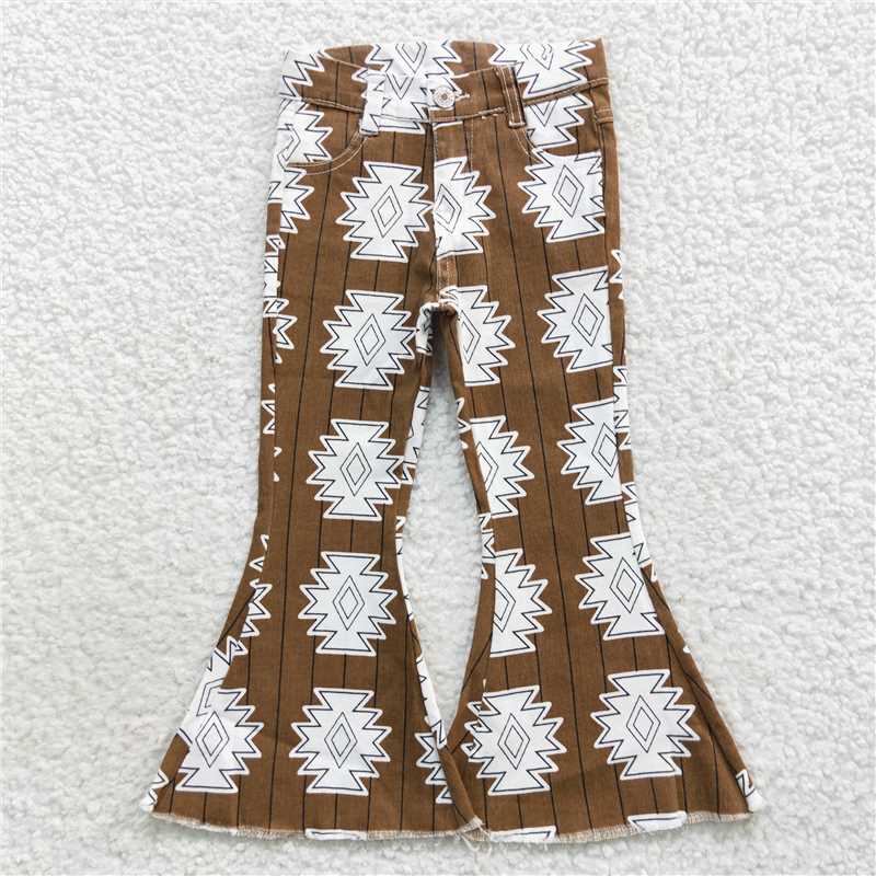 6.3 RTS NO MOQ Baby Girls Pants P0228 Western Aztec Brown Denim Bell Pants