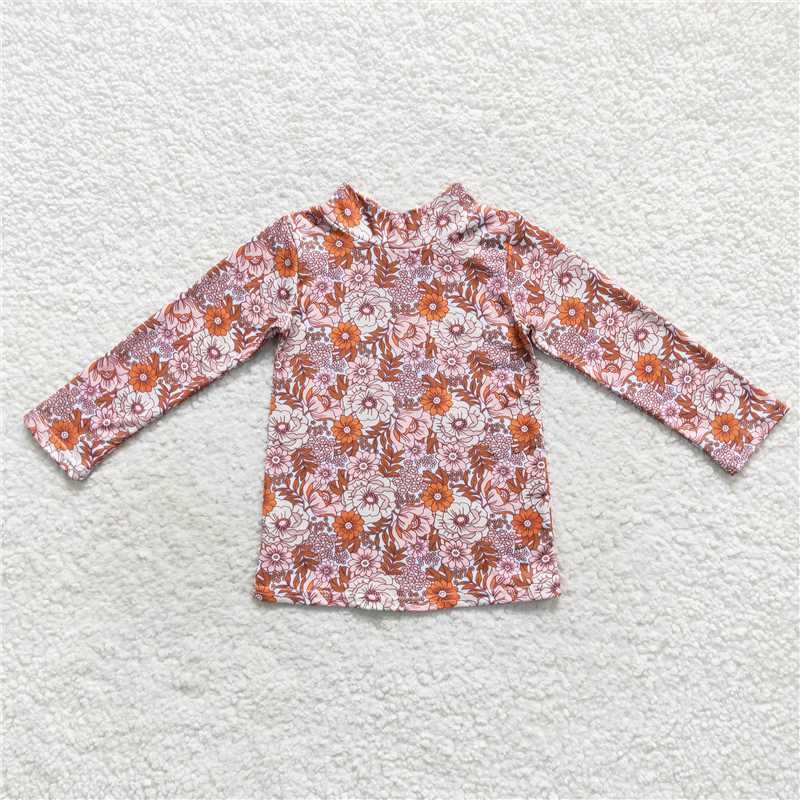 7.8 RTS NO MOQ Baby Girls Long Sleeve GT0283 Floral Long Sleeve High Neck Tee Shirts Tops