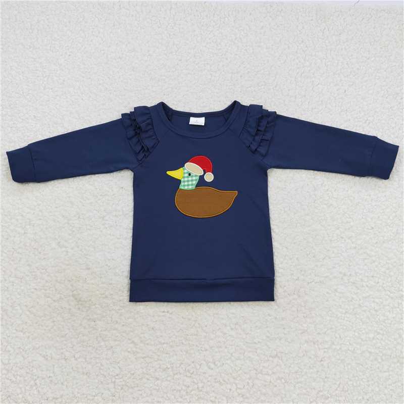 7.8 RTS NO MOQ Baby Girls Long Sleeve GT0281 Duck Christmas Hats Long Sleeve Ruffle Shirts