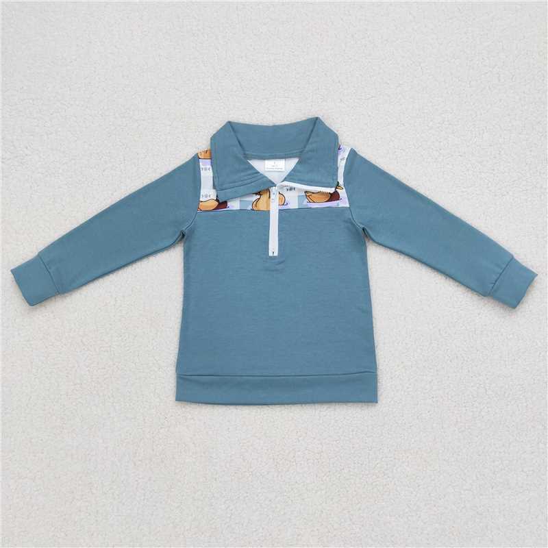 6.30 RTS NO MOQ Baby Boys Long Sleeve BT0329 Fall Duck Blue Checkered Zip Pullover Tops