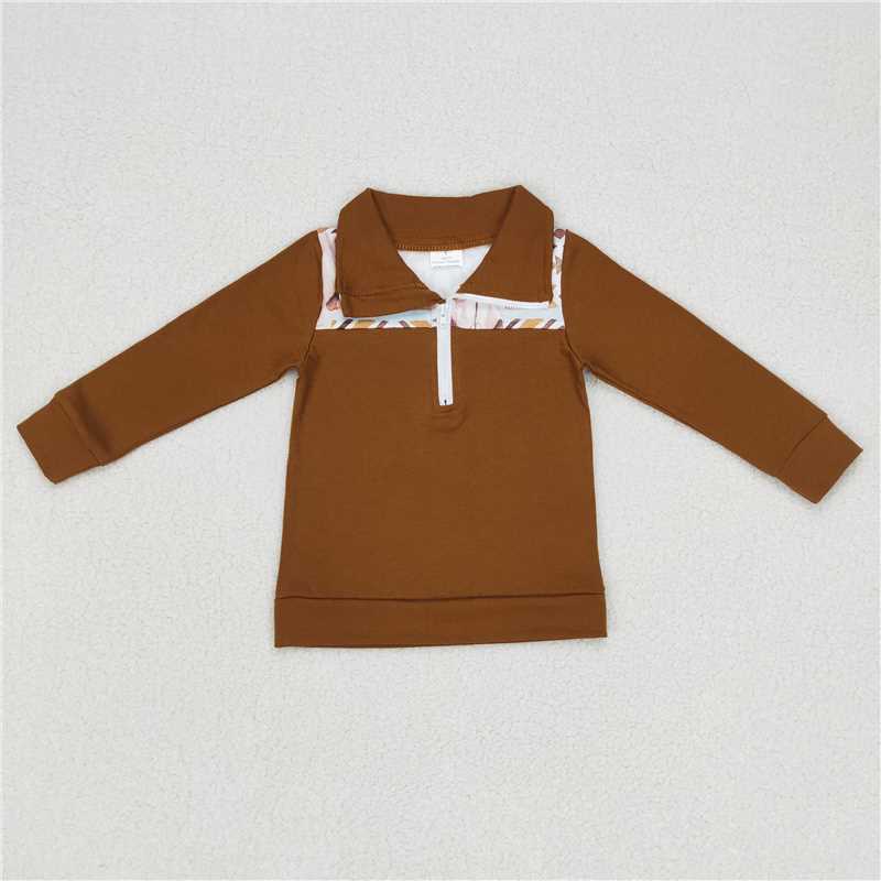 6.30 RTS NO MOQ Baby Boys Long Sleeve BT0348 Western Cow Skull Zip Pullover Tops