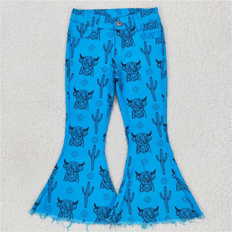 RTS NO MOQ Baby Girls Pants P0281 Blue Highland Cow Cactus Western Denim Bell Pants