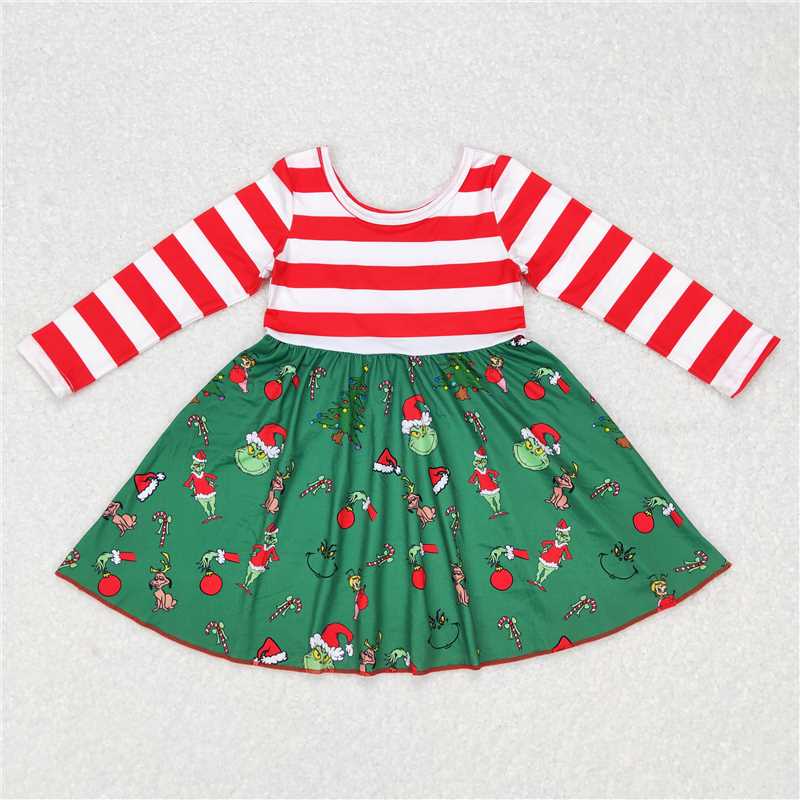 7.5 RTS NO MOQ Baby Girls Long Sleeve GLD0390 Christmas Green Frog Knee Length Dresses