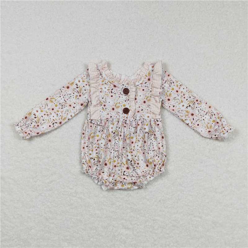 7.28 RTS NO MOQ Baby Girls Bodysuit LR0769 Pink Small Flowers Long Sleeve Rompers