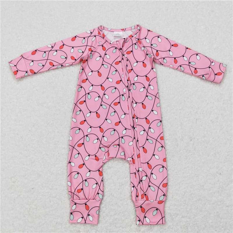 7.28 RTS NO MOQ Baby Girls Bodysuit LR0757 Pink Christmas Lights Long Sleeve Zip Rompers