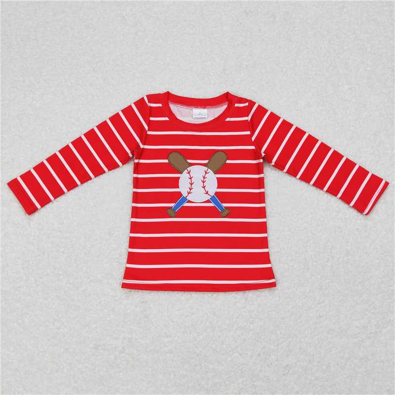 6.30 RTS NO MOQ Baby Boys Long Sleeve BT0387 Red Stripes Baseball Long Sleeve Tee Shirts Tops