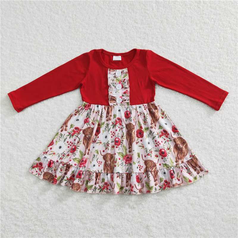 6.18 RTS NO MOQ Baby Girls Long Sleeve GLD0322 Christmas Ruffle Cows Knee Length Dresses