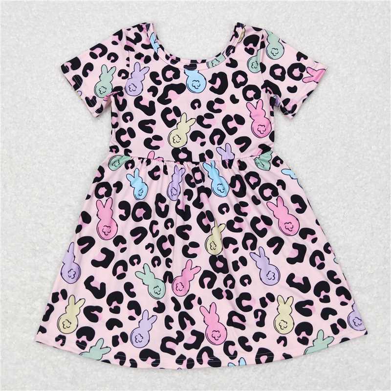 8.2 RTS NO MOQ Summer Baby Girls Dresses GSD0508 Pink Easter Leopard Bunny Knee Length Dresses