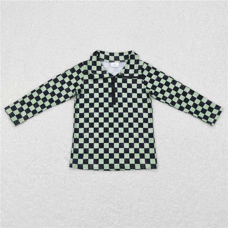 6.30 RTS NO MOQ Baby Boys Long Sleeve BT0399 Green Checkered Long Sleeve Zip Pullovers Tops