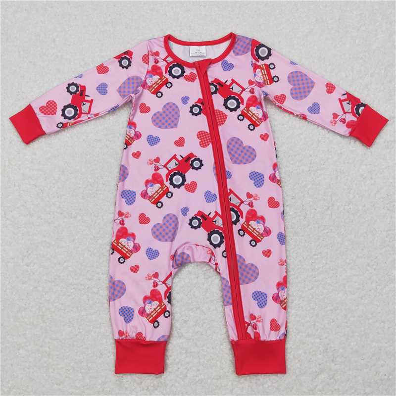 7.28 RTS NO MOQ Baby Girls Bodysuit LR0774 Valentines Hearts Tractors Long Sleeve Zip Rompers