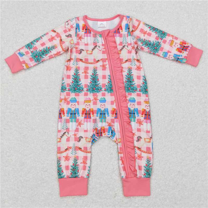 7.28 RTS NO MOQ Baby Girls Bodysuit LR0665 Christmas Pink Horse Ruffle Zip Long Sleeve Rompers