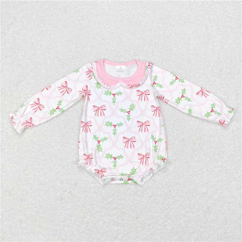 7.28 RTS NO MOQ Baby Girls Bodysuit LR0577 Christmas Pink Bows Long Sleeve Rompers
