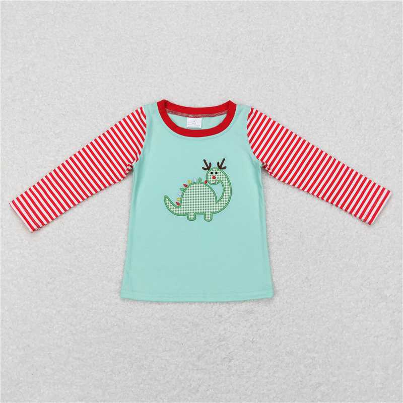6.30 RTS NO MOQ Baby Boys Long Sleeve BT0422 Christmas Dinosaur Long Sleeve Tee Shirts Tops