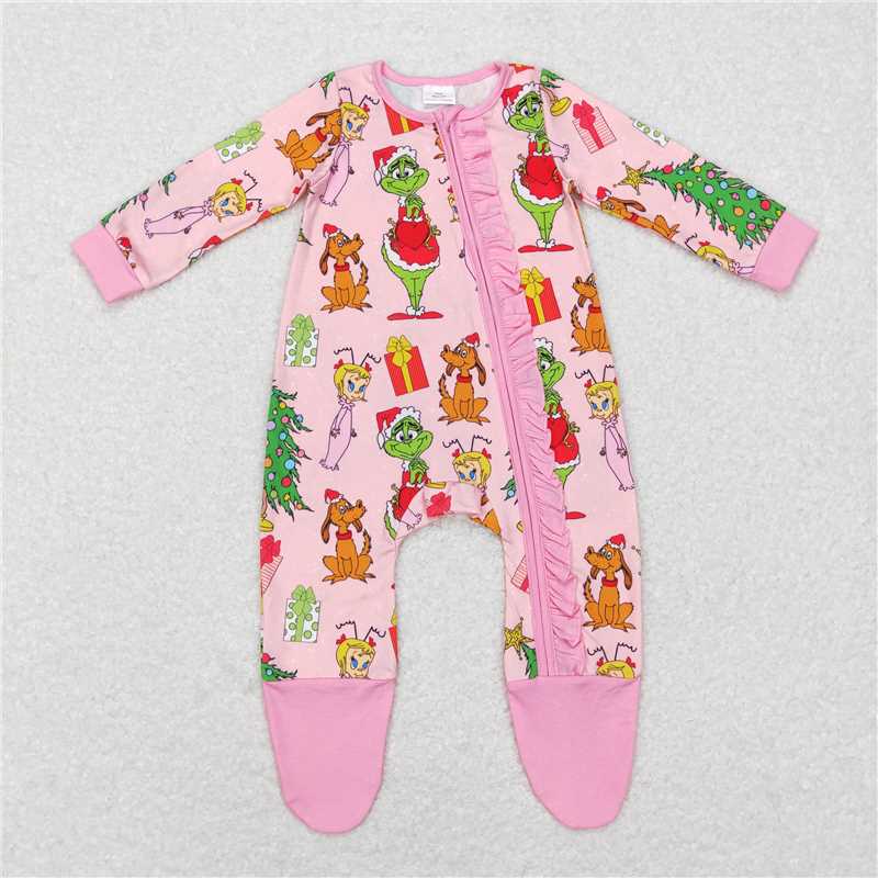 7.28 RTS NO MOQ Baby Girls Bodysuit LR0806 Christmas Pink Frog Long Sleeve Zip Rompers