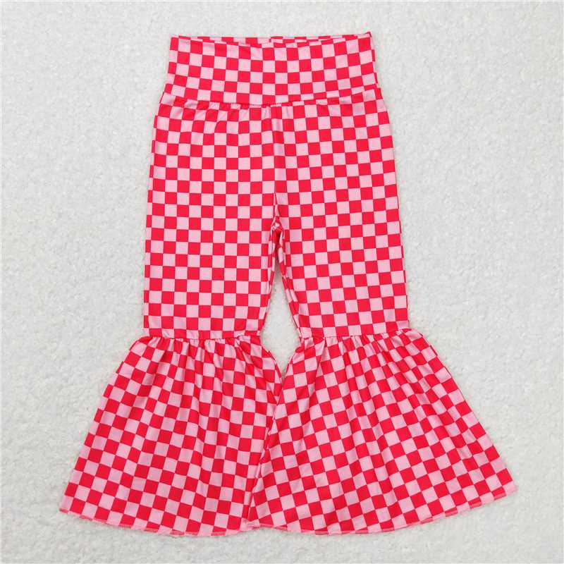 7.18 RTS NO MOQ Baby Girls Long Pants P0340 Pink Checkered Valentines Bell Bottom Pants