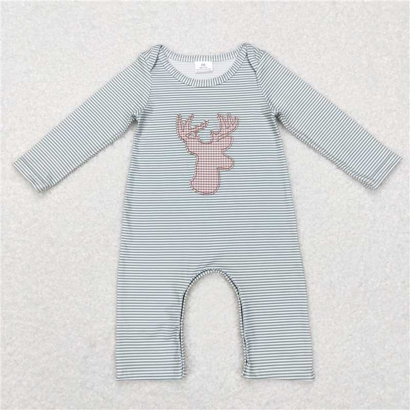 7.7 RTS NO MOQ Baby Boys Bodysuit LR0694 Deer Camp Stripes Long Sleeve Rompers