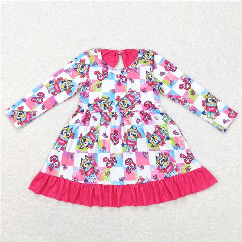 6.13 RTS NO MOQ Baby Girls Long Sleeve GLD0477 Long Sleeve Dog Pink Ruffle Dresses