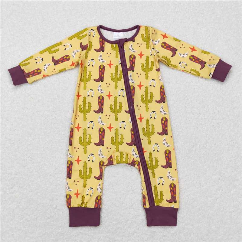7.7 RTS NO MOQ Baby Boys Bodysuit LR0766 Western Cactus Boots Long Sleeve Zip Rompers