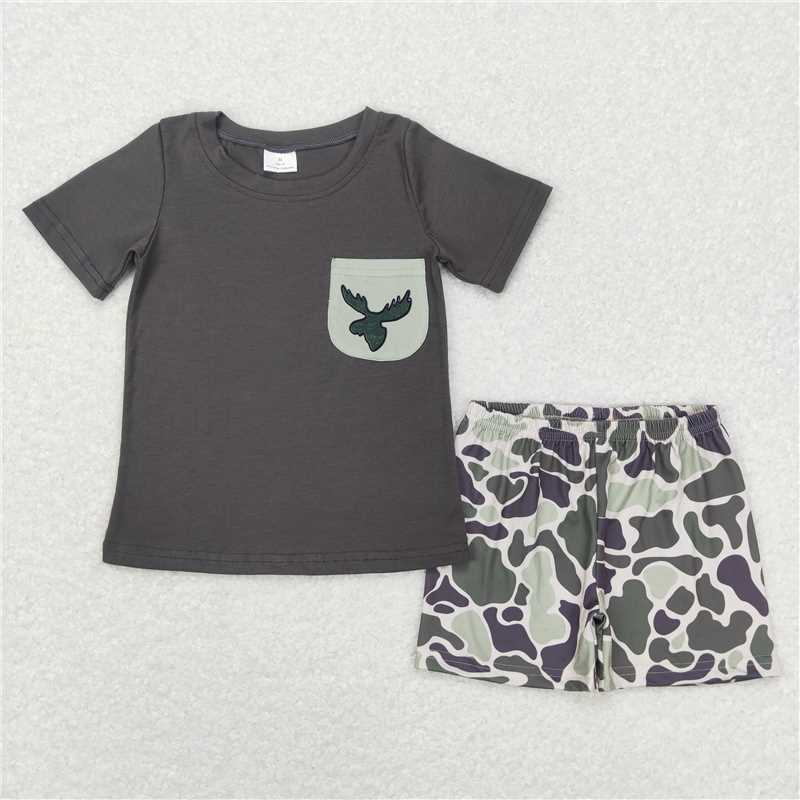 RTS NO MOQ Baby Boys kids Summer Sets BSSO0303 Camo Deer Pocket Shirt Shorts Clothes Sets
