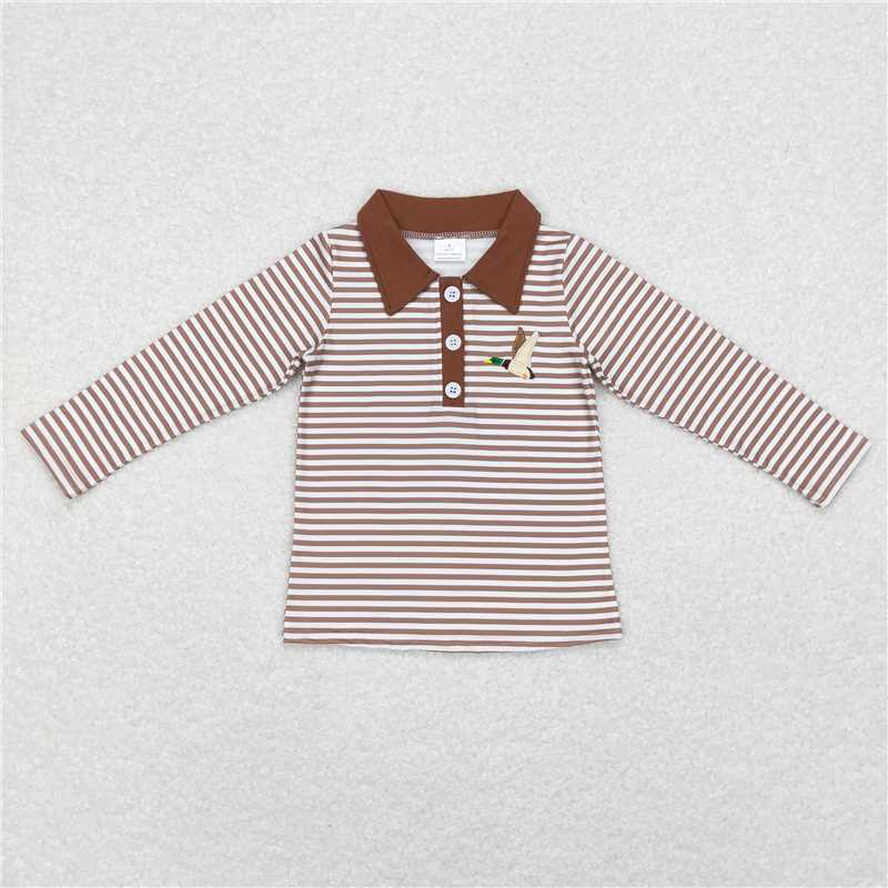 6.30 RTS NO MOQ Baby Boys Long Sleeve BT0404 Brown Stripes Duck Tee Shirts Pullovers Tops