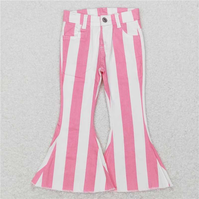 RTS NO MOQ Baby Girls Pants P0207 Pink Stripes Valentines Bell Denim Pants Jeans