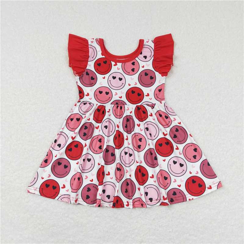 8.2 RTS NO MOQ Summer Baby Girls Dresses GSD0513 Flutter Sleeve Valentines Smile Red Twirl Knee Length Dresses