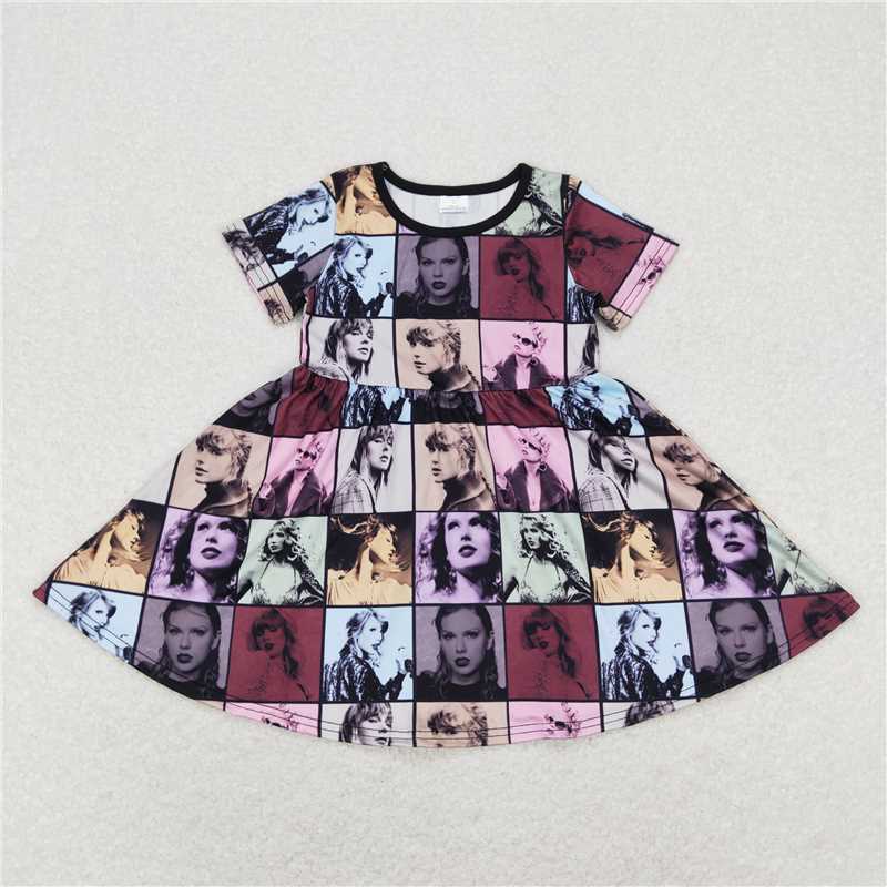 8.1 RTS NO MOQ Summer Baby Girls Dresses GSD0710 Singer Pictures Short Sleeve Knee Length Dresses