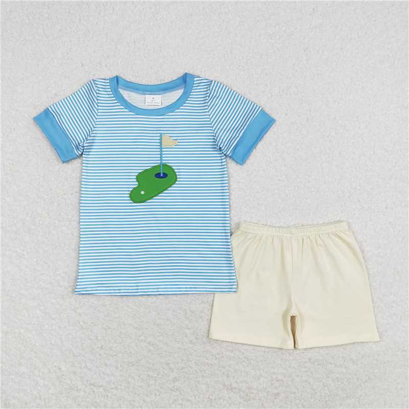 RTS NO MOQ Baby Boys kids Summer Sets BSSO0592 Golf Blue Stripes Shirts Shorts Summer Clothes Sets