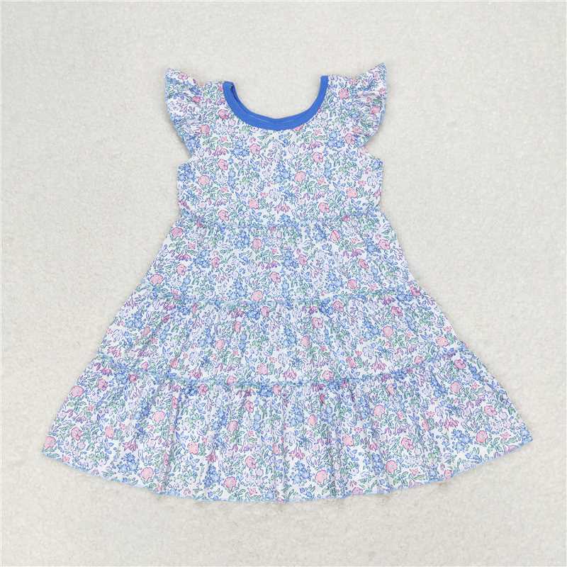 7.30 RTS NO MOQ Summer Baby Girls Dresses GSD1043 Green Flutter Sleeve Flowers Knee Length Dresses