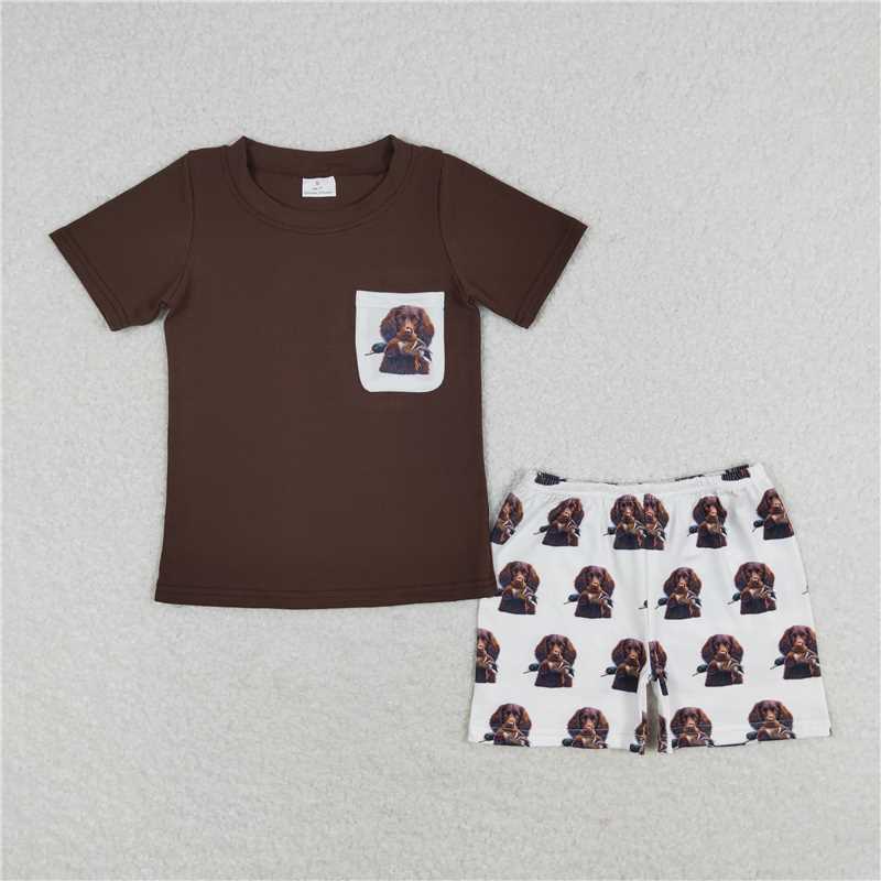 RTS NO MOQ Baby Boys kids Summer Sets BSSO0936 Duck Puppy Pocket Brown Short Sleeve Shorts Set