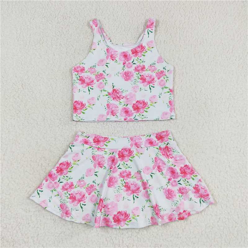 RTS NO MOQ Baby Girls Summer Sets GSD0994 Pink Sleeveless Flowers Top Skirts Swimsuits