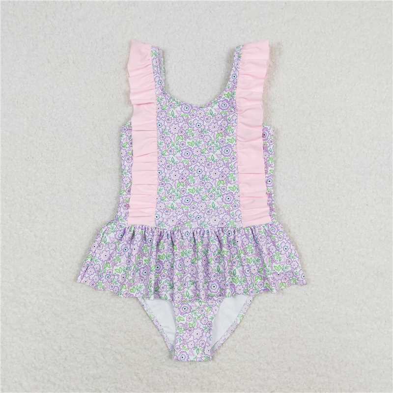 RTS NO MOQ Baby Girls Summer Bodysuit S0331 Lavender Flowers One Piece Swimsuits
